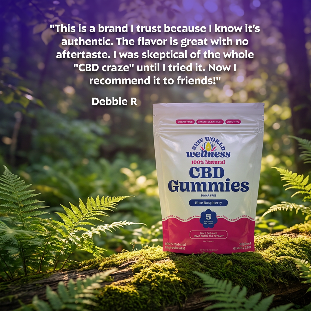 CBD gummies package on a natural background with a testimonial from Debbie R.