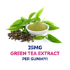 Green tea leaves, powder, and text about green tea extract