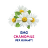 Chamomile flowers with text indicating 5MG chamomile per gummy