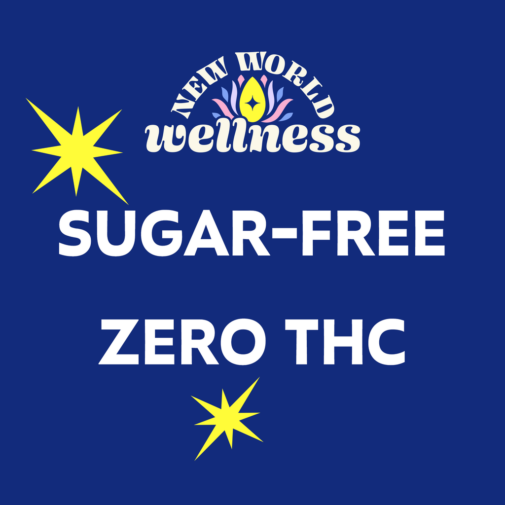 New World Wellness logo with 'Sugar-Free' and 'Zero THC' text on a blue background