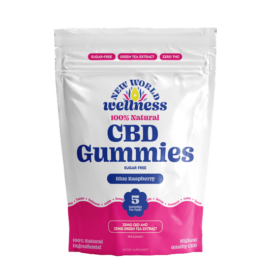 Packaging of New World Wellness CBD Gummies with blue raspberry flavor