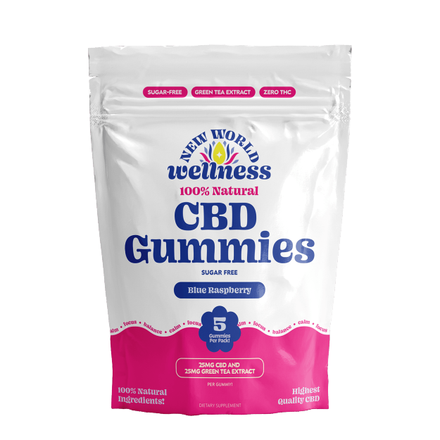 Packaging of New World Wellness CBD Gummies with blue raspberry flavor